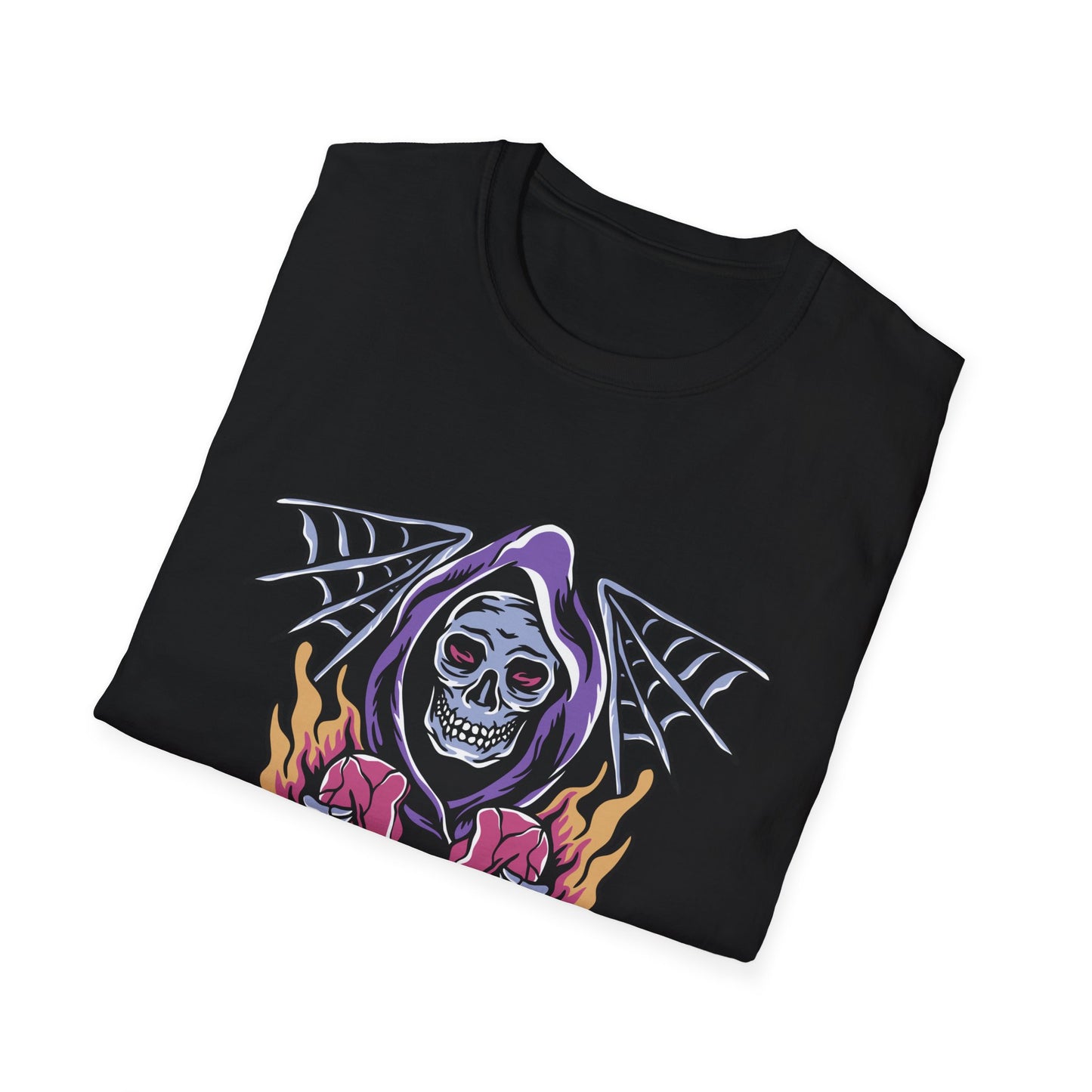 Striking Grim Reaper Broken Heart T-Shirt | Edgy Skull & Flames Tee | Gothic Macabre Streetwear | Bold & Unique Style