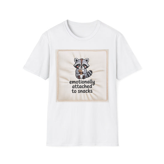 Adorable Raccoon Emotionally Attached to Snacks T-Shirt | Funny Foodie Tee for Ultimate Snack Lovers & Comfort Food Fans