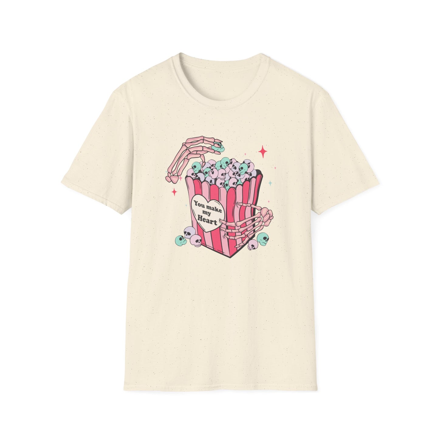 Spooky-Cute 'You Make My Heart' Skull Popcorn T-Shirt - Pastel Goth Love Tee Gift