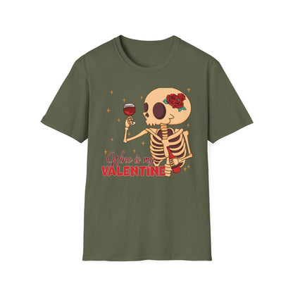 Funny 'Wine is My Valentine' Skeleton T-Shirt | Hilarious Anti-Valentine's Wine Lover Tee Gift
