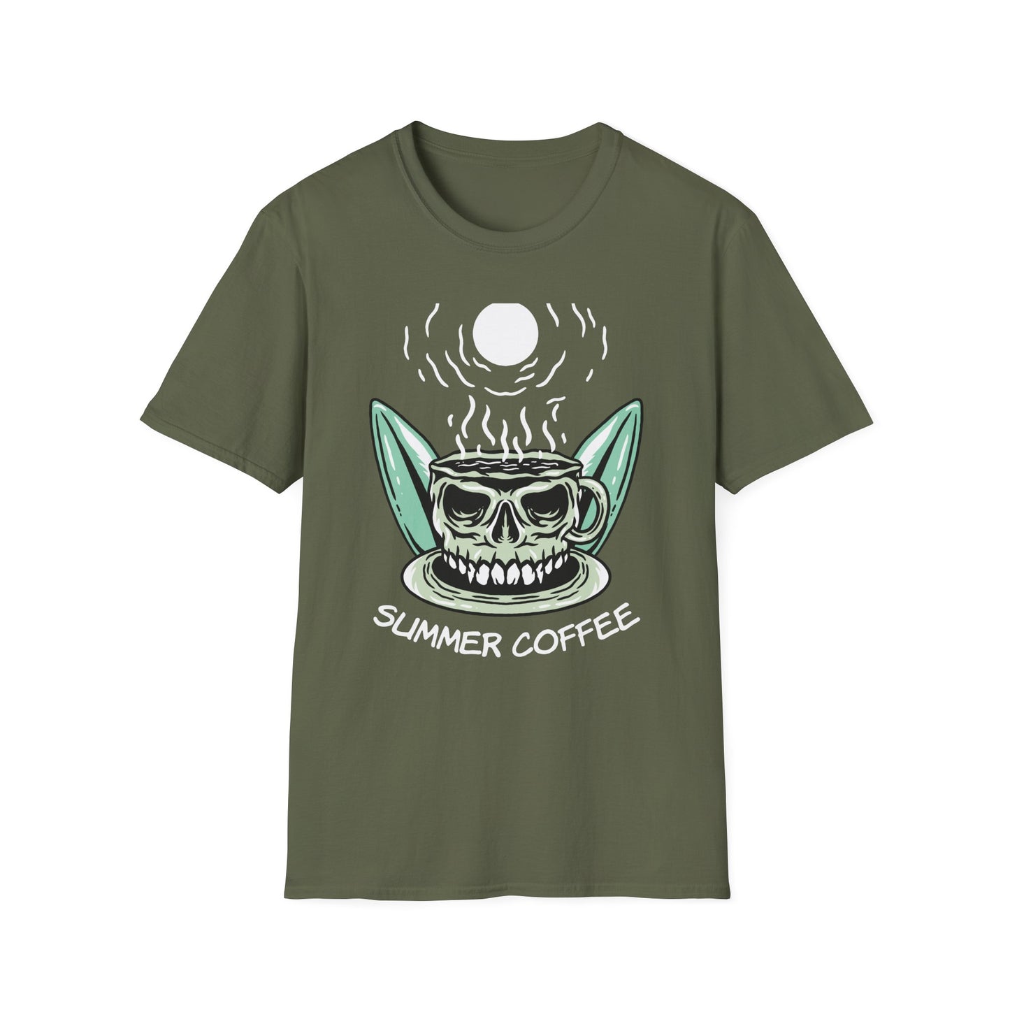 Skull Coffee Surfboard T-Shirt | Edgy Summer Beach Vibes Tee | Unique Design for Coffee Lovers & Surfers