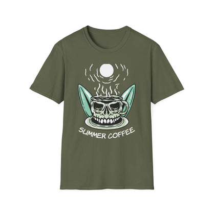 Skull Coffee Surfboard T-Shirt | Edgy Summer Beach Vibes Tee | Unique Design for Coffee Lovers & Surfers