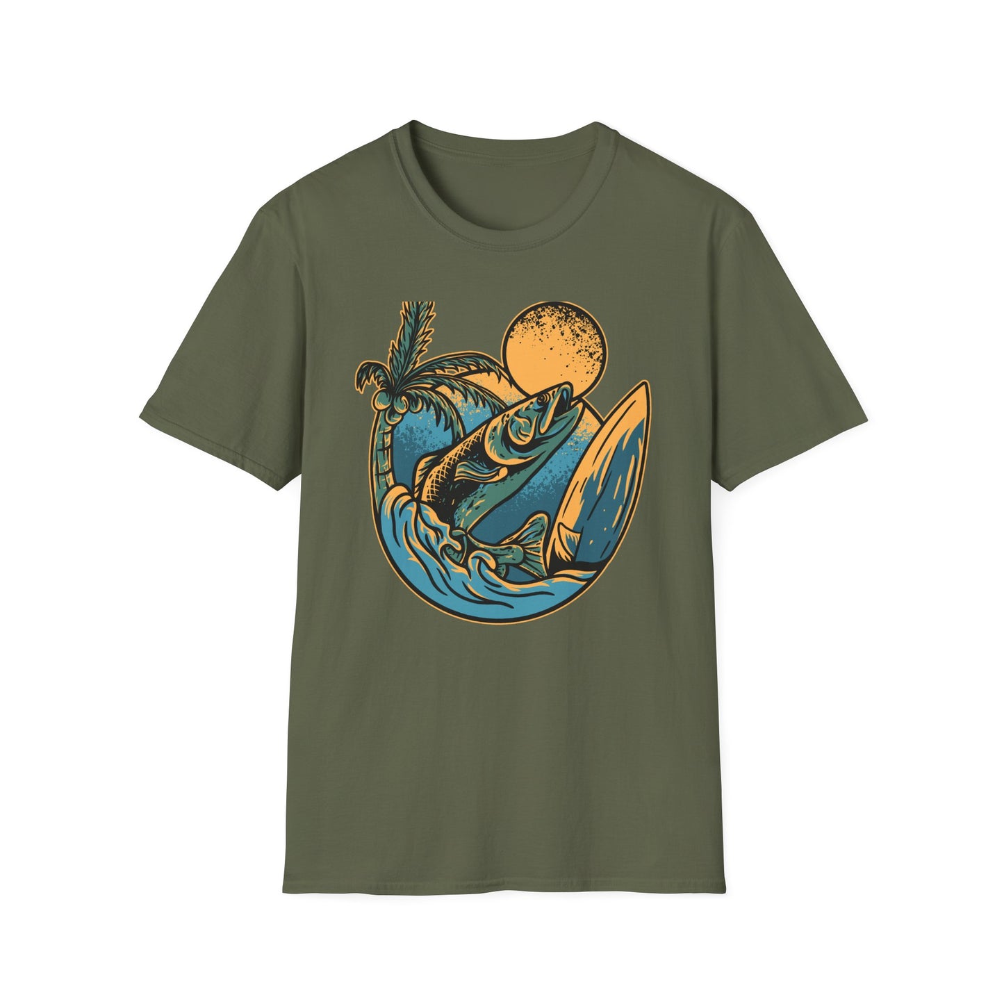 Epic Fish Jump Surf & Palm Tree T-Shirt | Vintage Ocean Lover Angler Tee | Coastal Adventure Apparel Gift