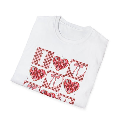 Chic "I Love You" Heart & Bow T-Shirt - Unique Distressed Checkered Design for Valentine's Day & Romantic Gifts for Her