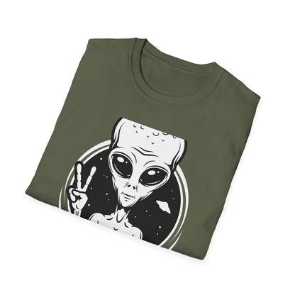 Awesome Peace Sign Alien T-Shirt | Retro Sci-Fi Space Lover UFO Graphic Tee | Unique Extraterrestrial Design