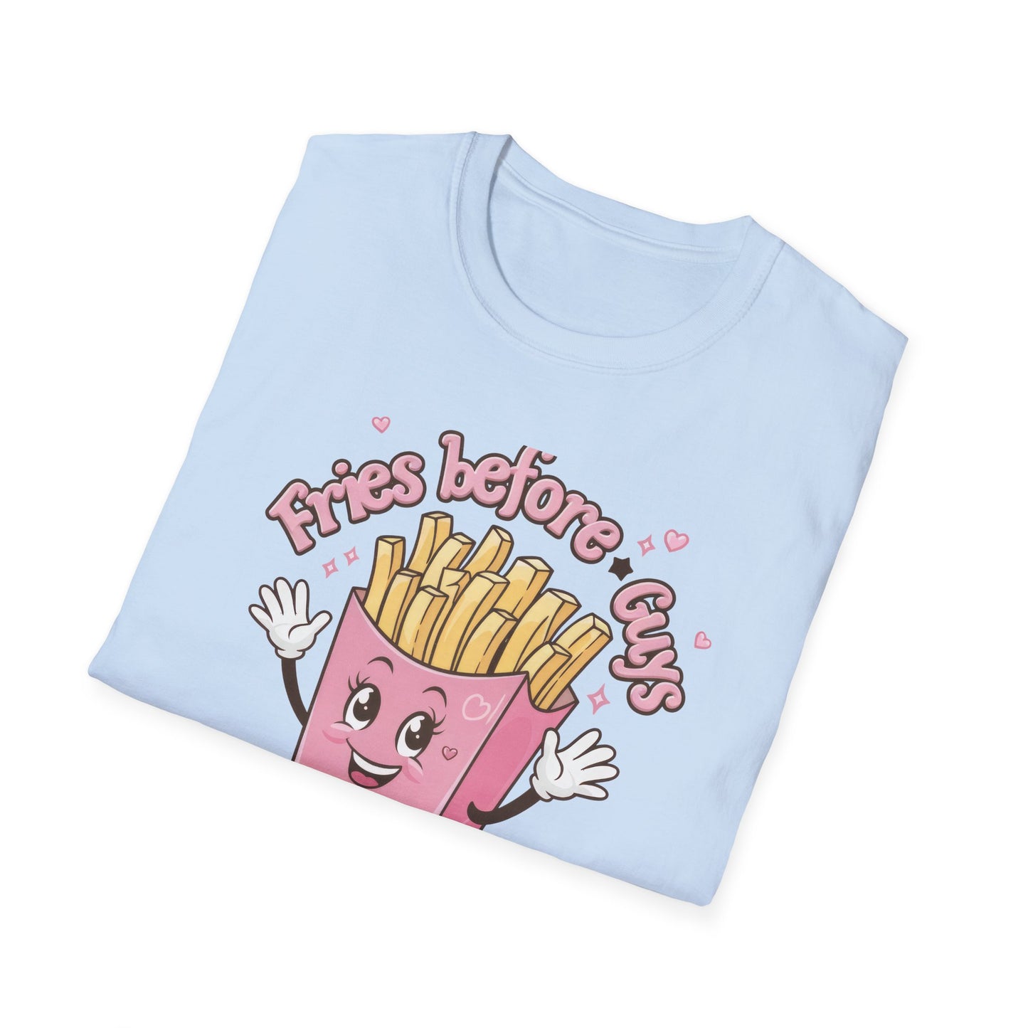 Cute 'Fries Before Guys' T-Shirt | Adorable Pink French Fry Lover Tee | Funny Foodie Graphic Top for Women & Teens