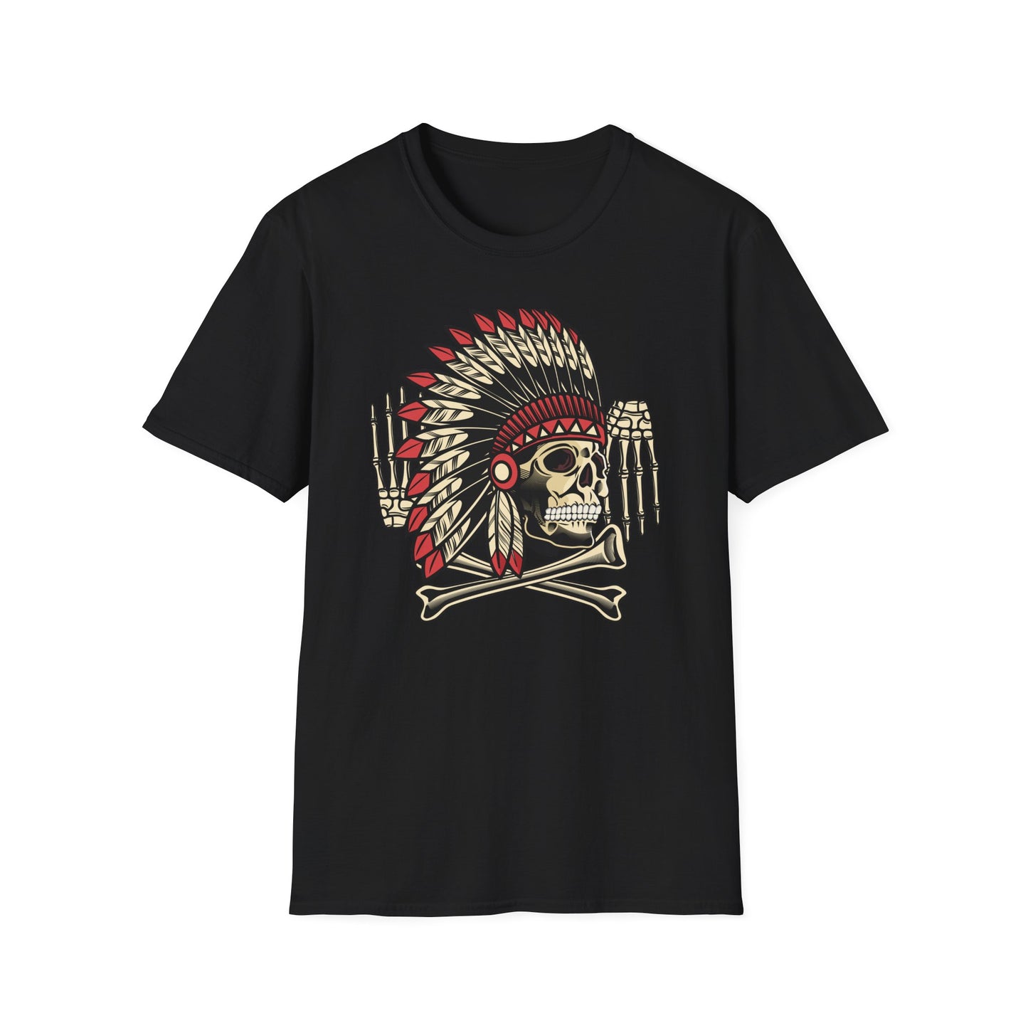 Striking Native Chief Skull Headdress T-Shirt - Unique Gothic Biker Tattoo Art Apparel for Rebel Souls