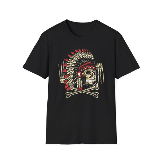 Striking Native Chief Skull Headdress T-Shirt - Unique Gothic Biker Tattoo Art Apparel for Rebel Souls