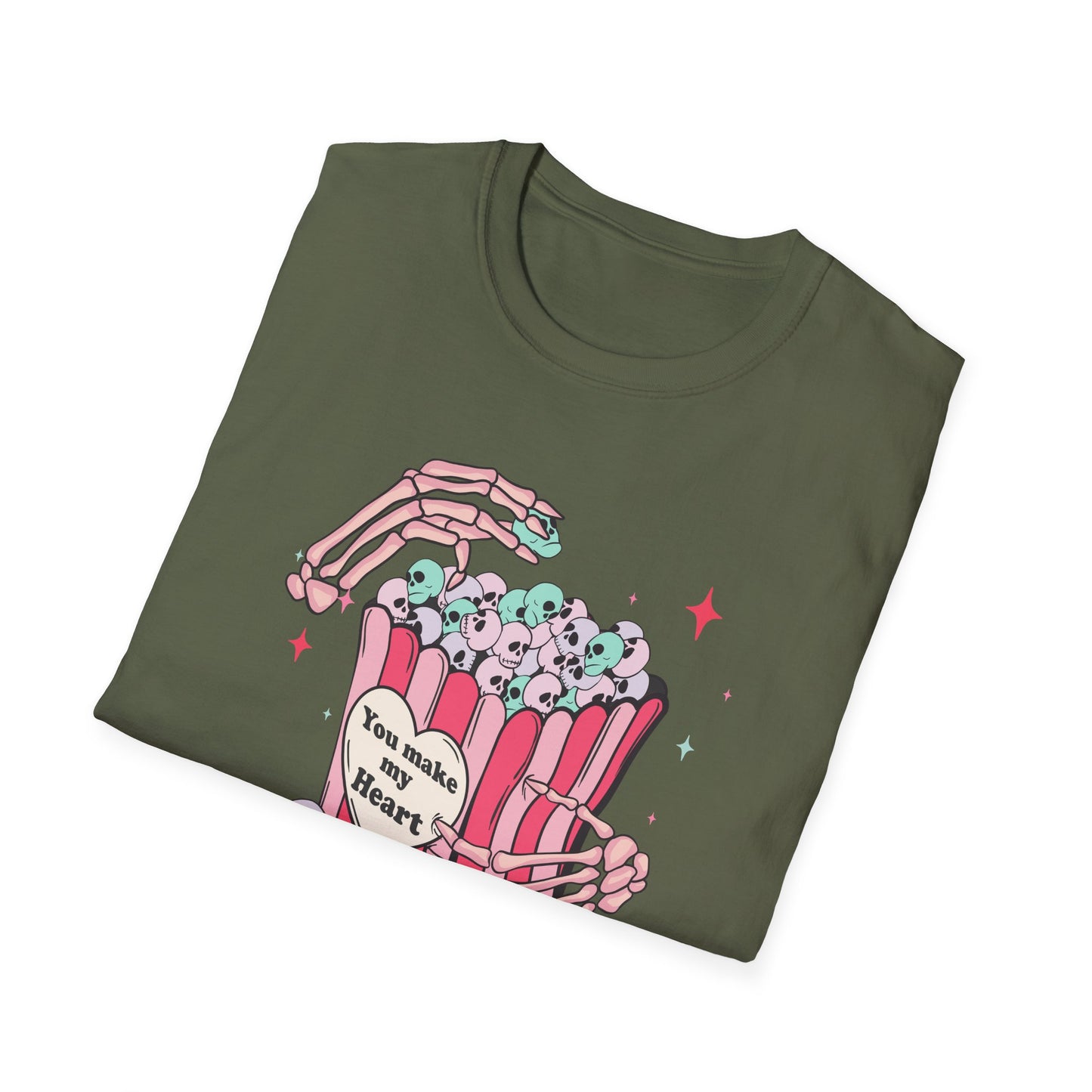 Spooky-Cute 'You Make My Heart' Skull Popcorn T-Shirt - Pastel Goth Love Tee Gift