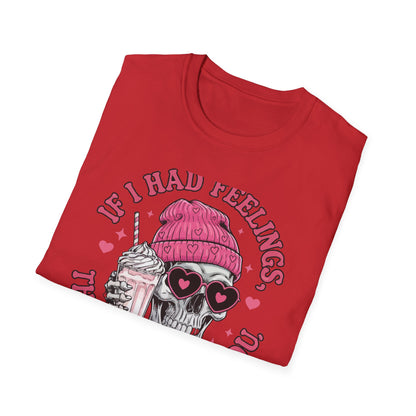 Sassy Skull Feelings T-Shirt - Trendy Pink Beanie & Heart Glasses Milkshake Tee | Funny Anti-Valentine's Edgy Humor Gift