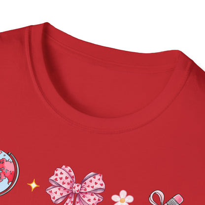 Awesome Teacher Appreciation T-Shirt | 'Teaching Is A Work of Heart' Tee | Cute School Supplies & Pink Bows Gift