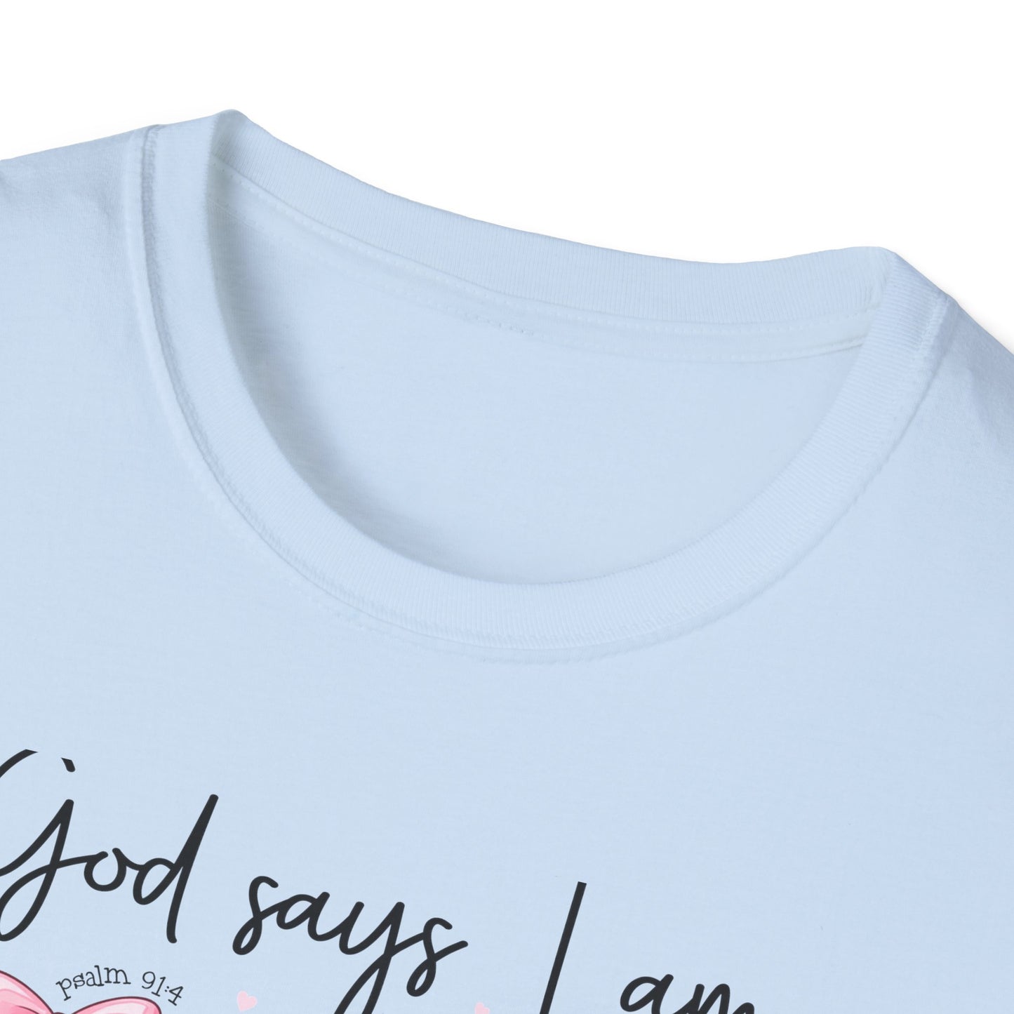 Empowering God Says I Am T-Shirt | Christian Affirmation Pink Bow Tee | Inspiring Bible Verse Faith Apparel for Women & Girls