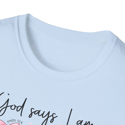 Empowering God Says I Am T-Shirt | Christian Affirmation Pink Bow Tee | Inspiring Bible Verse Faith Apparel for Women & Girls