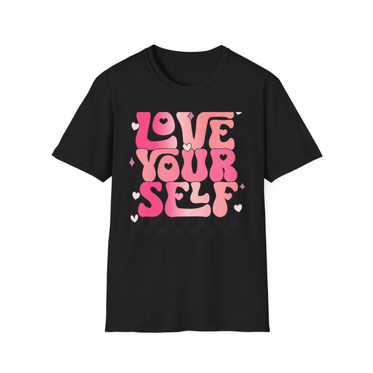 Groovy "Love Yourself" T-Shirt | Pink Retro Self-Love Tee with Hearts & Sparkles | Empowering & Chic Women's Affirmation Top