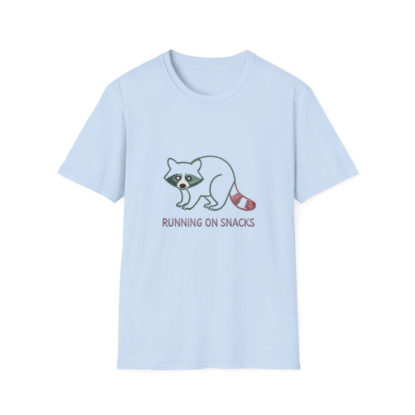 Hilarious Raccoon Running On Snacks T-Shirt | Unique Embroidered Style Animal Lover Tee | Funny Foodie Gift