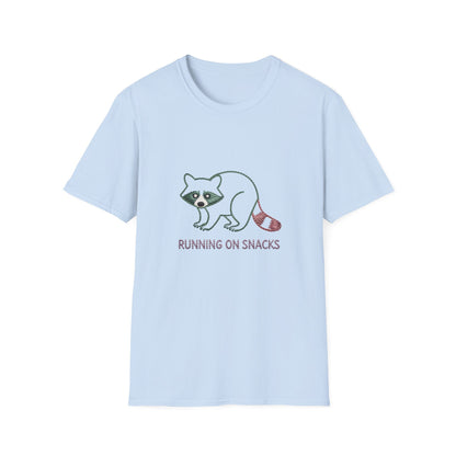 Hilarious Raccoon Running On Snacks T-Shirt | Unique Embroidered Style Animal Lover Tee | Funny Foodie Gift