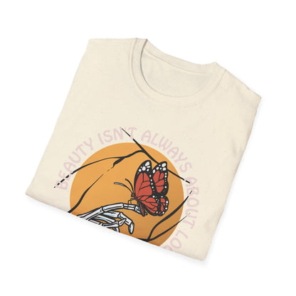 Expressive Skeleton Hand & Monarch Butterfly T-Shirt | 'Beauty Isn't About Looks' Deep Meaning Art Tee