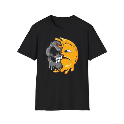 Vibrant Melting Skull Smiley Face T-Shirt | Unique Duality Graphic Tee | Edgy Streetwear Art