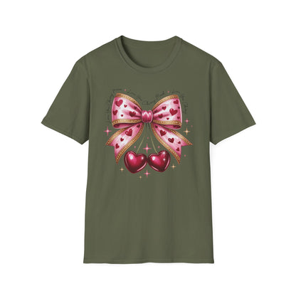 Chic Coquette Cherry Hearts Bow T-Shirt | Adorable Pink Romantic Aesthetic Tee | Sweet Valentine's Day Gift for Her