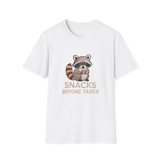 Adorable Raccoon 'Snacks Before Tasks' T-Shirt - Hilarious & Cozy Comfort Tee for Snack Lovers & Procrastinators! Must-Have Funny Animal Gift