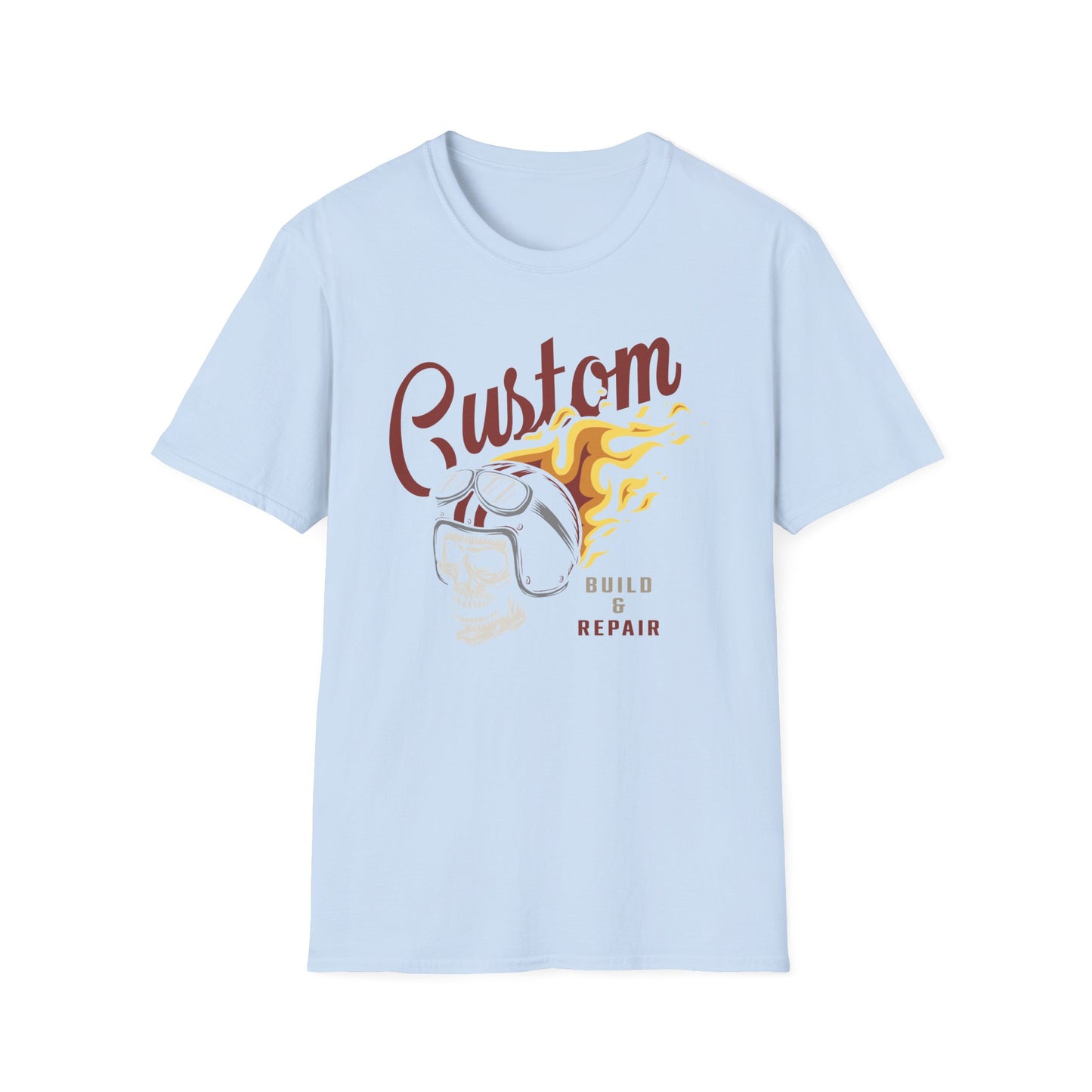 Custom Build & Repair T-Shirt | Vintage Biker Skull Flames Tee | Iconic Mechanic & Hot Rod Enthusiast Apparel