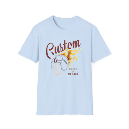 Custom Build & Repair T-Shirt | Vintage Biker Skull Flames Tee | Iconic Mechanic & Hot Rod Enthusiast Apparel