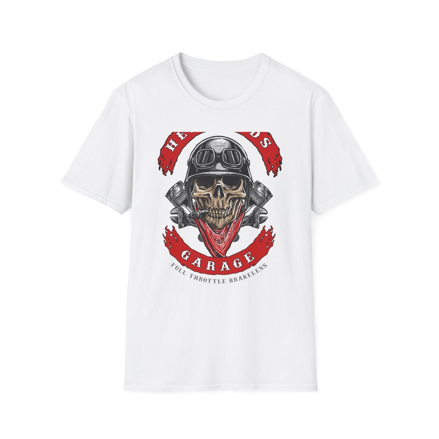 Epic Biker Skull T-Shirt: Hellroads Garage Full Throttle Design - Vintage Mechanic & Hot Rod Tee