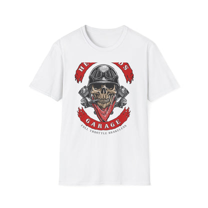 Epic Biker Skull T-Shirt: Hellroads Garage Full Throttle Design - Vintage Mechanic & Hot Rod Tee