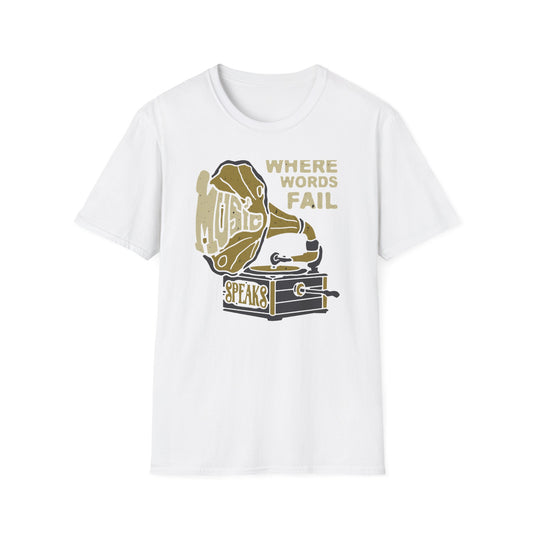 Expressive 'Where Words Fail Music Speaks' T-Shirt - Vintage Gramophone Design for Soulful Music Lovers