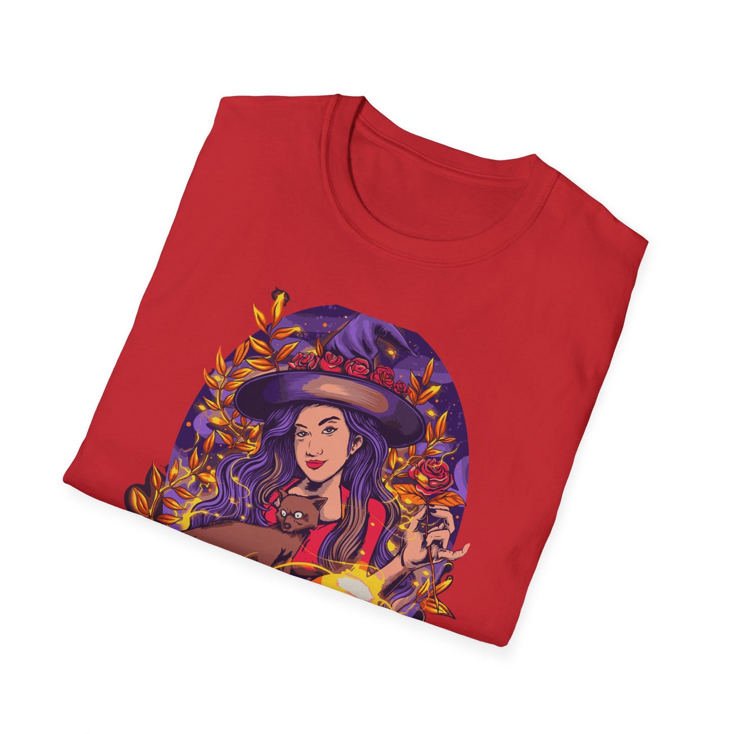 Enchanting Mystical Witch T-Shirt | Women's Fantasy Magic Tee with Cat, Crystal Ball & Roses | Awesome Gift