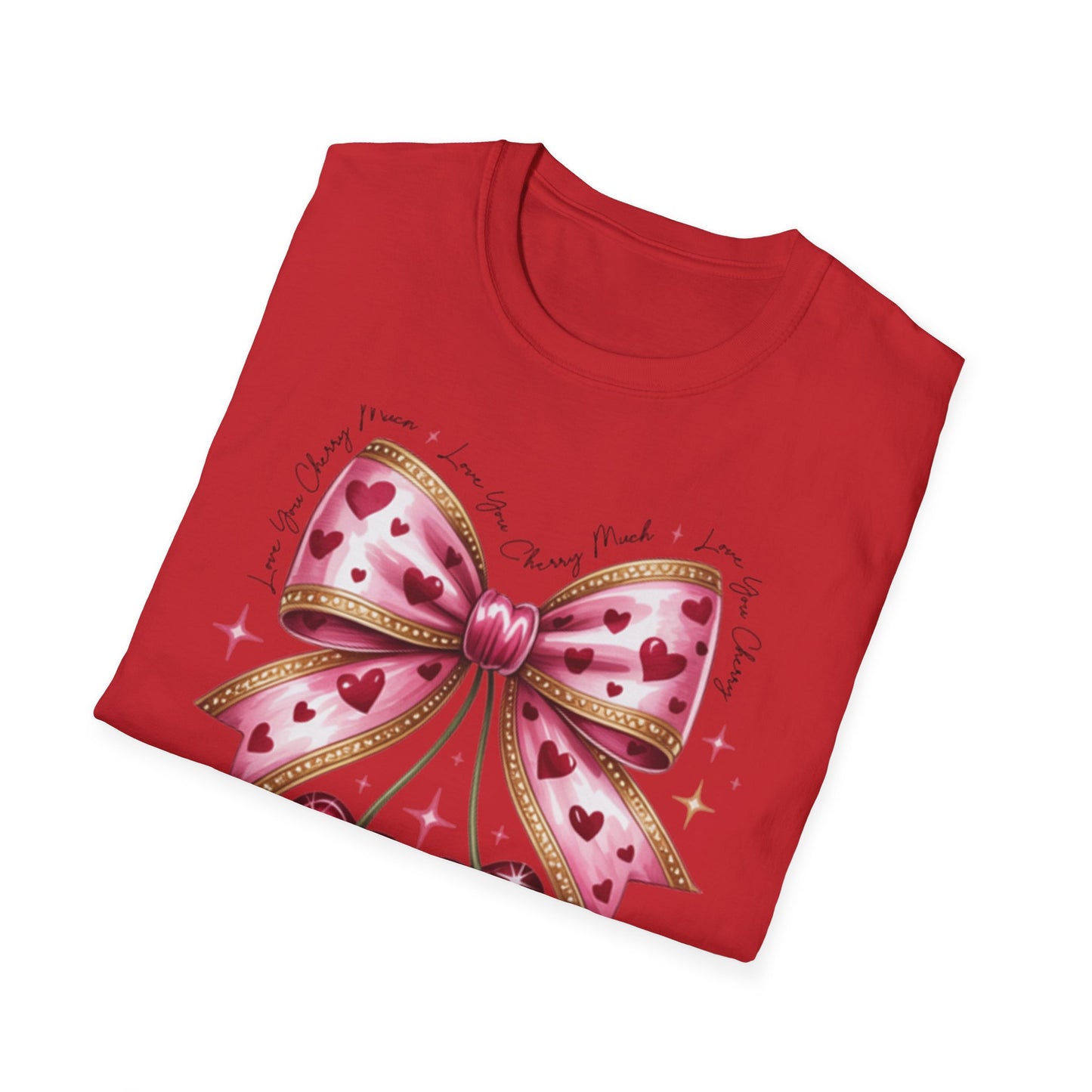 Chic Coquette Cherry Hearts Bow T-Shirt | Adorable Pink Romantic Aesthetic Tee | Sweet Valentine's Day Gift for Her