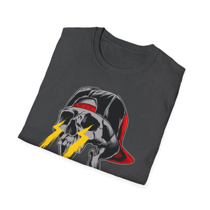 Electrifying Skull Baseball Cap T-Shirt | Edgy Urban Streetwear Tee for Rebels | Bold Graphic Design