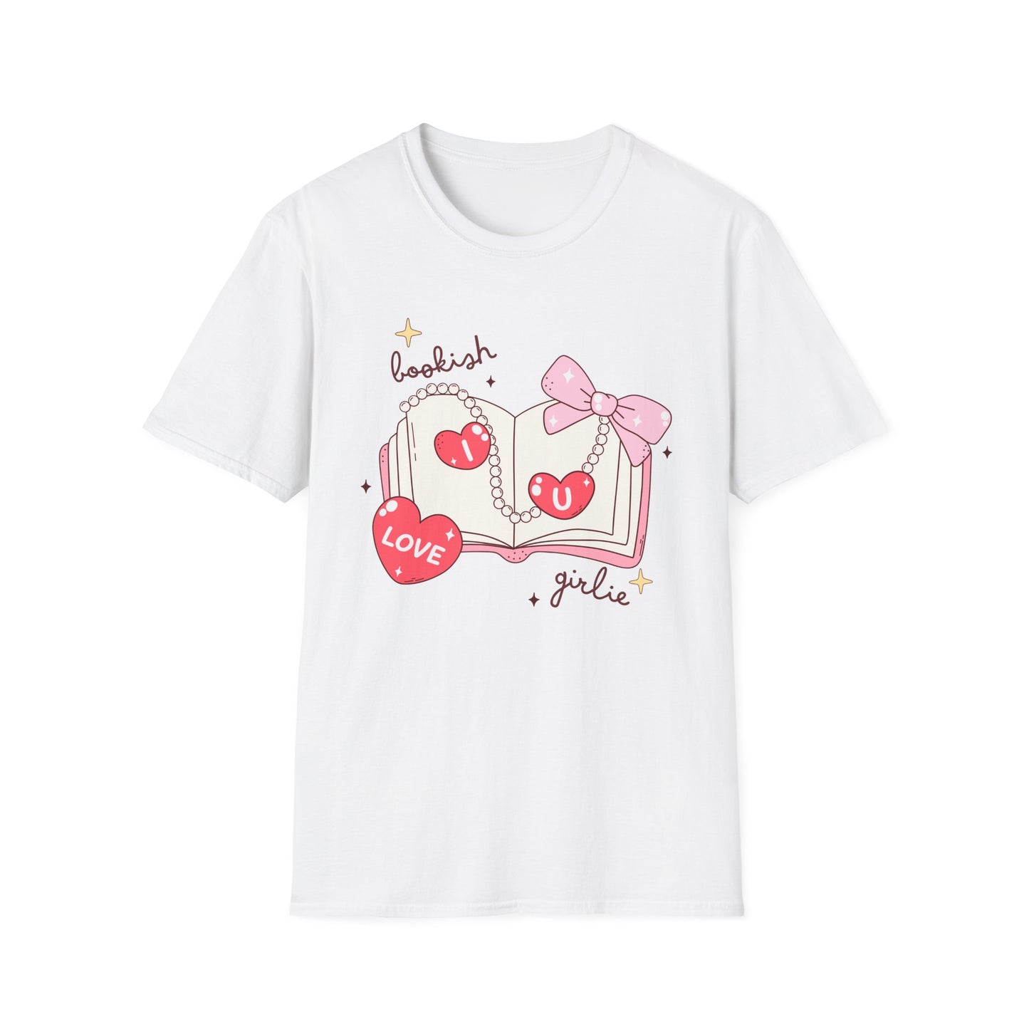 Sweet Bookish Girlie T-Shirt: 'I Love You' Hearts, Pearl Necklace & Pink Bow Design | Perfect Romantic Gift for Book Lovers