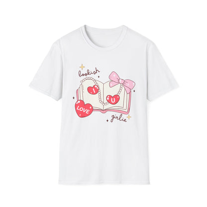 Sweet Bookish Girlie T-Shirt: 'I Love You' Hearts, Pearl Necklace & Pink Bow Design | Perfect Romantic Gift for Book Lovers
