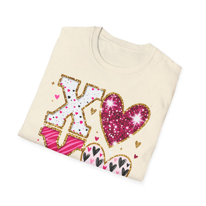 Sparkly XO Hearts T-Shirt | Adorable Pink Glitter Valentine's Day & Love Tee for Her | Hugs Kisses Style