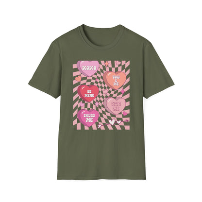 Groovy Conversation Hearts T-Shirt | Y2K Aesthetic Wavy Checkerboard Valentine's Day Tee | Adorable Retro Love Gift