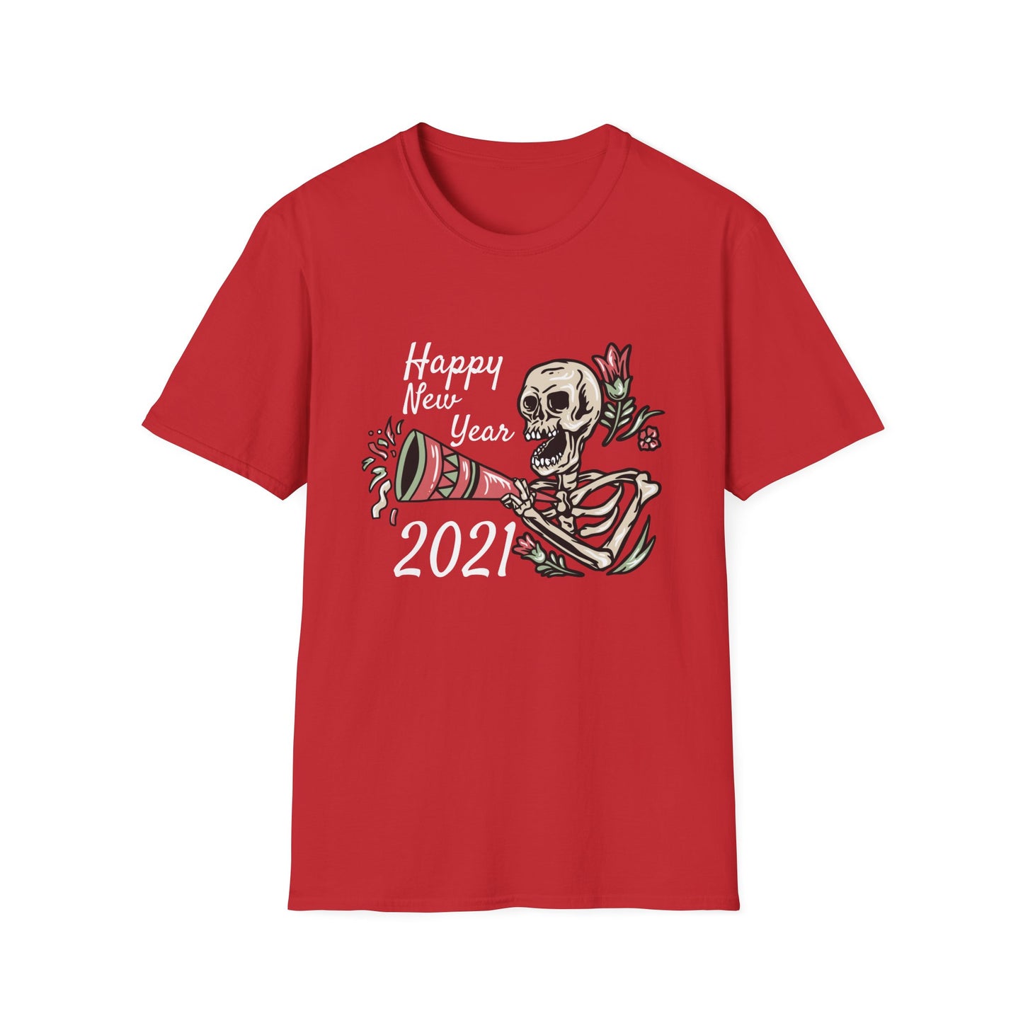 Vibrant Party Skeleton T-Shirt - Fun Quirky Floral Horn Blasting Graphic Tee