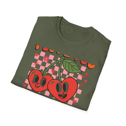 Adorable "I Love You Cherry Much" T-Shirt | Sweet Retro Heart Cherries & Groovy Checkered Love Pun Tee | Perfect Valentine's Day Gift
