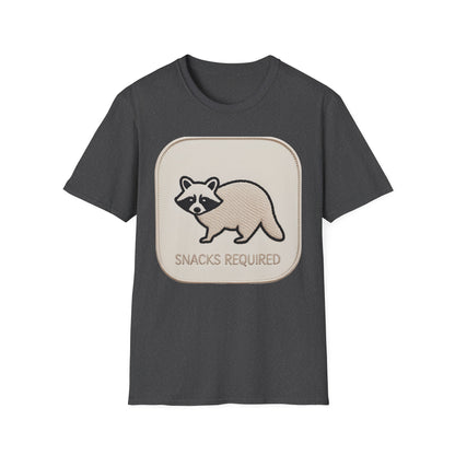 Hilarious Raccoon "Snacks Required" T-Shirt | Cute Embroidered Look Animal Lover & Foodie Gift | Unique Soft Tee