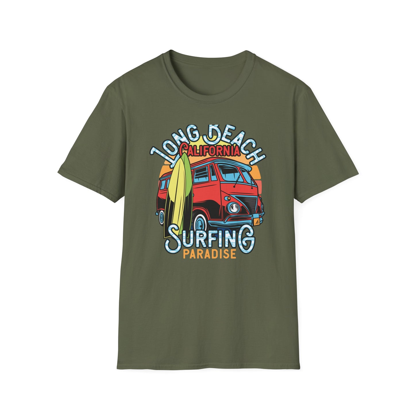 Vintage Long Beach California Surfing Paradise T-Shirt | Retro VW Bus & Surfboard Beach Lover Tee | Cool Summer Vacation Gift