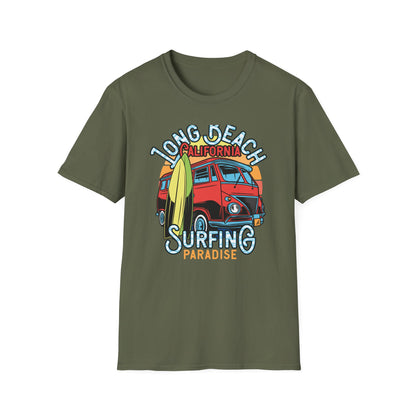 Vintage Long Beach California Surfing Paradise T-Shirt | Retro VW Bus & Surfboard Beach Lover Tee | Cool Summer Vacation Gift