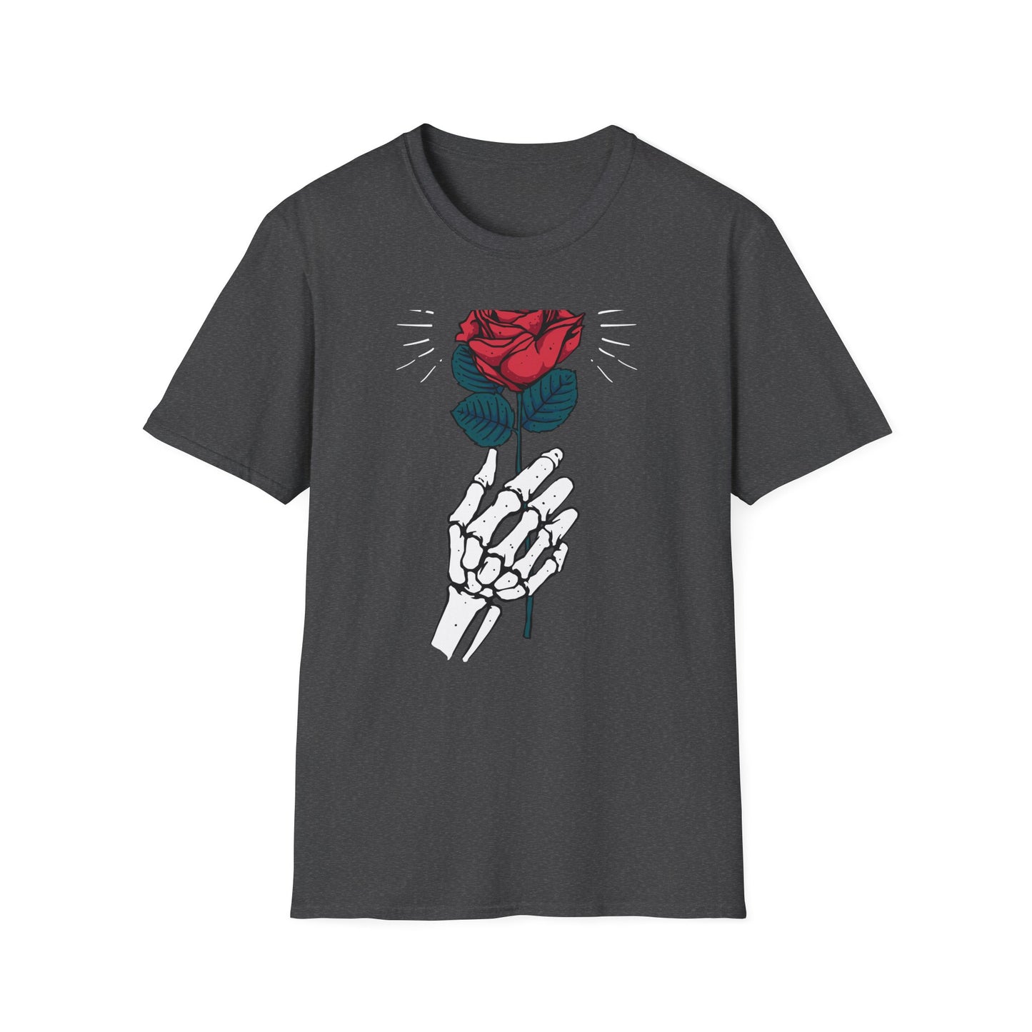 Striking Skeleton Hand Holding Rose T-Shirt | Unique Gothic Love Tee | Captivating Alt Fashion Top for Edgy Style