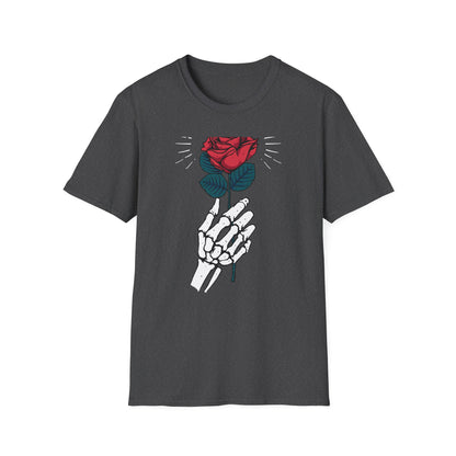 Striking Skeleton Hand Holding Rose T-Shirt | Unique Gothic Love Tee | Captivating Alt Fashion Top for Edgy Style