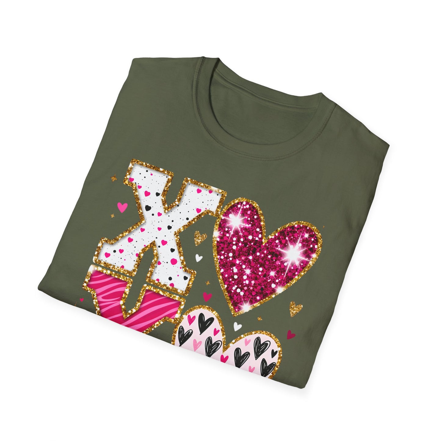 Sparkly XO Hearts T-Shirt | Adorable Pink Glitter Valentine's Day & Love Tee for Her | Hugs Kisses Style