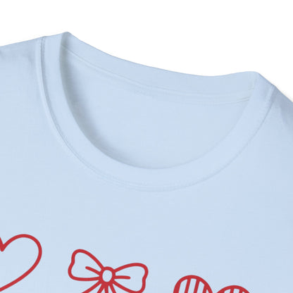 Adorable Red Hearts & Bows Pattern T-Shirt | Sweet Valentine's Day Love Graphic Tee for Women & Girls | Charming Romantic Gift