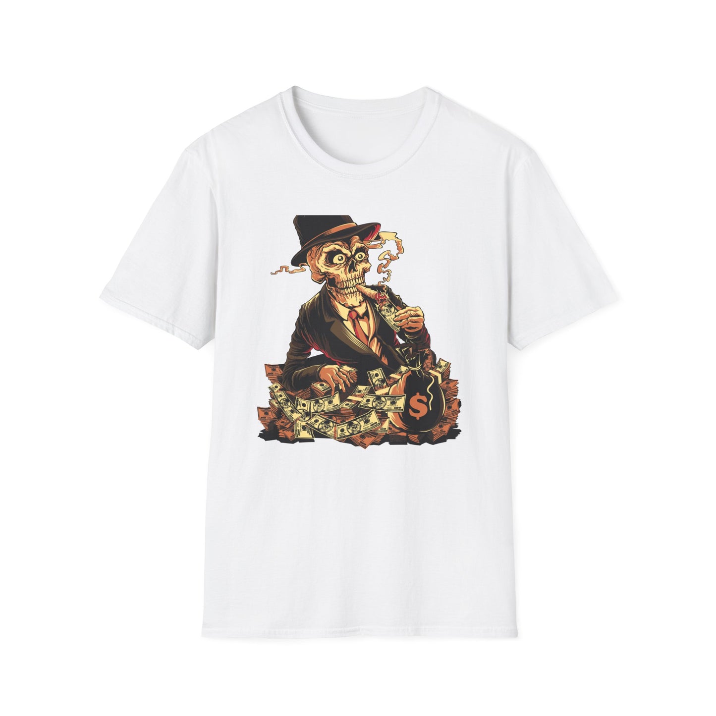 Epic Billionaire Skeleton T-Shirt: Dapper Skull, Money Stacks & Burning Dollar Cigar - Ultimate Hustle Tee