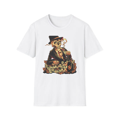 Epic Billionaire Skeleton T-Shirt: Dapper Skull, Money Stacks & Burning Dollar Cigar - Ultimate Hustle Tee