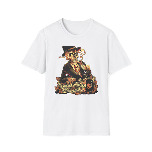Epic Billionaire Skeleton T-Shirt: Dapper Skull, Money Stacks & Burning Dollar Cigar - Ultimate Hustle Tee