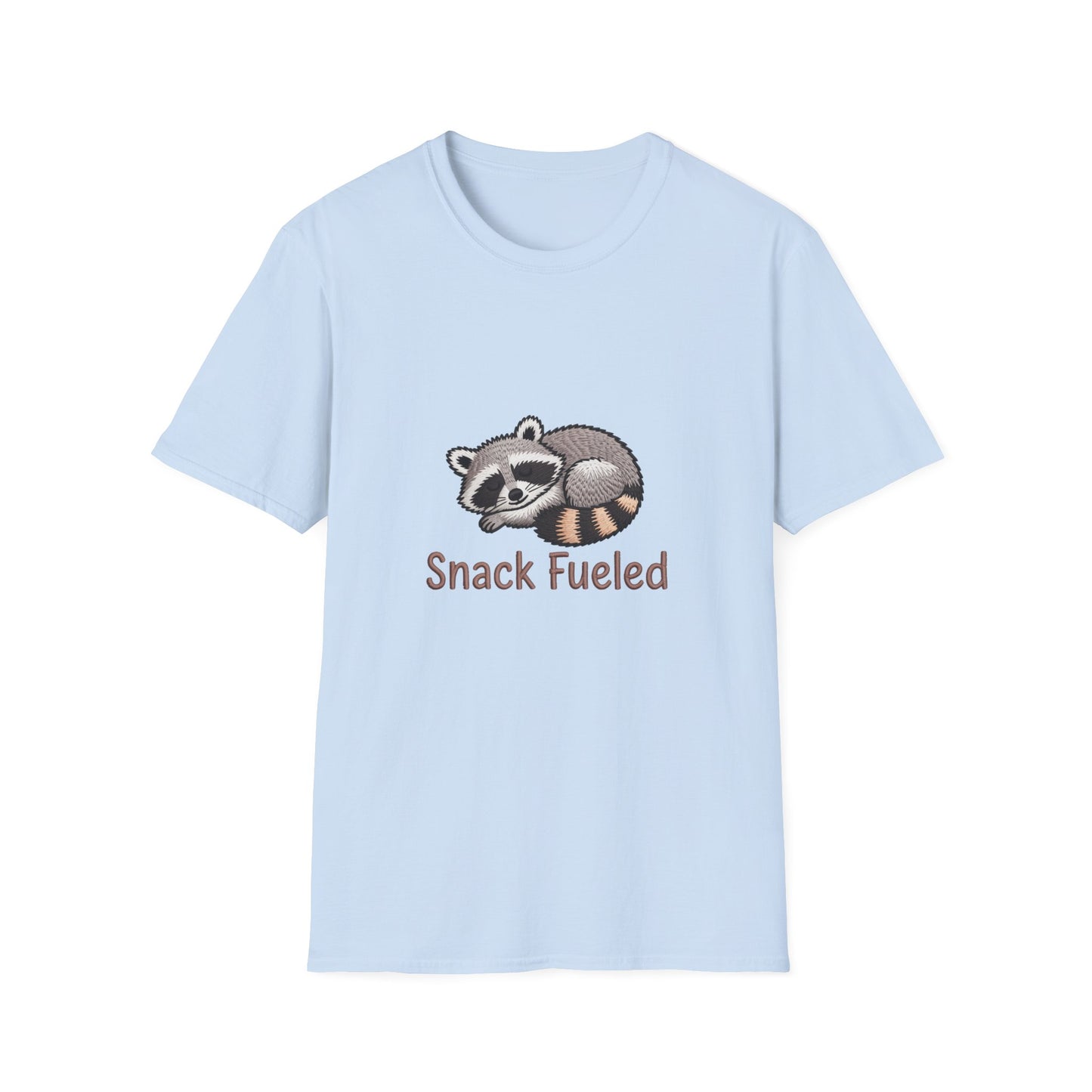 Adorable "Snack Fueled" Sleeping Raccoon T-Shirt | Cozy Animal Lover Tee | Hilarious Foodie Gift for Snack Enthusiasts