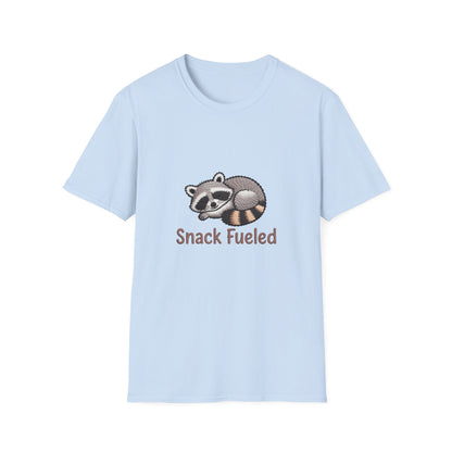 Adorable "Snack Fueled" Sleeping Raccoon T-Shirt | Cozy Animal Lover Tee | Hilarious Foodie Gift for Snack Enthusiasts